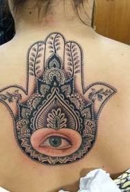 Mano di Fatima di colore posteriore con motivo realistico del tatuaggio dell'occhio