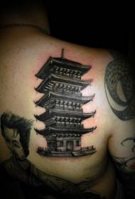 nazaj črno-beli azijski tempelj realističen vzorec tatoo