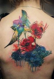 назад ефектні аквареллю кольорові пташині та квіткові візерунок татуювання