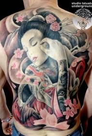 indietro incredibile geisha colorata e motivo tatuaggio floreale