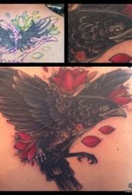 Back crow flowers cover tattoo pattern
