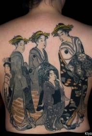 back Japanese style color after geisha and child tattoo pattern