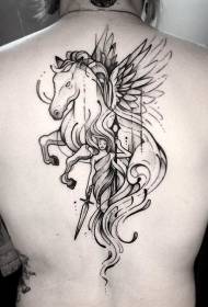 ilustrazio estiloa Pegasus beltza eta fantasia emakumezko gerlari atzera tatuaje eredua