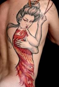 Back inotonhorera yakasikwa phoenix yakasanganiswa ne geisha tattoo maitiro