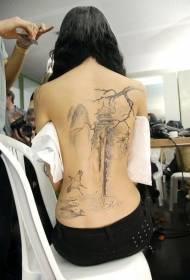 tjejer tillbaka asiatisk stil bläck landskap målning tatuering mönster