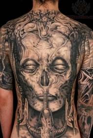 crânio de demônio cinza com padrão de estrela tatuagem