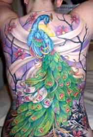 teljes hátsó gyönyörű illusztráció stílusban festett páva virág tetoválás mintával