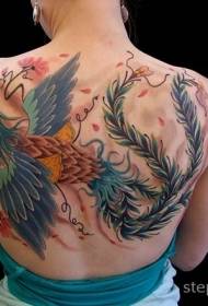 indietro incredibile Uccello fenice colorato e motivo floreale a tatuaggio