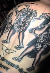 Back homemade horror woman and skull black gray tattoo pattern