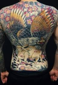 Koko selkä aasialainen tyyli värikäs pupu ja kukka kotka tatuointi malli