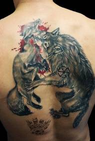 обратно зашеметяващ реалистичен стил цвят вълк и лисица кървава татуировка модел