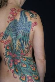 back gorgeous illustration style colored peacock tattoo pattern