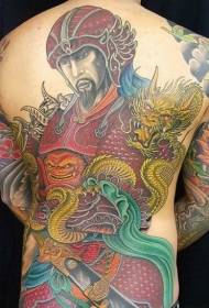 Asijský styl plný zpět barevné válečník v kombinaci se vzorem tetování zlatý drak