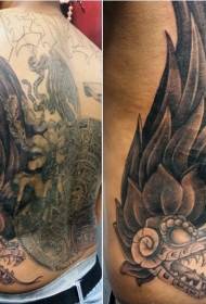 back black and white snake and tribal Mayan stone tattoo pattern