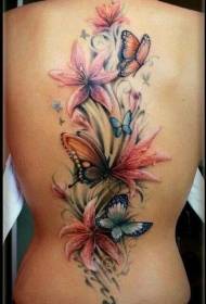 likod ng kulay na makatotohanang estilo ng iba't ibang disenyo ng floral at butterfly tattoo