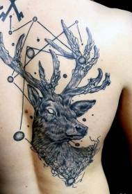 背部雕刻風格黑線神秘鹿紋身圖案