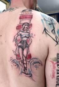 far far far me ngjyrën e detit me tatuazh femëror marinar model