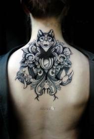 回到黑白貓頭鷹與狼和花朵的紋身圖案