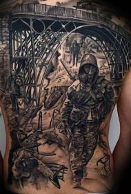 hátsó fekete régi híd katona gázálarc tetoválás mintával