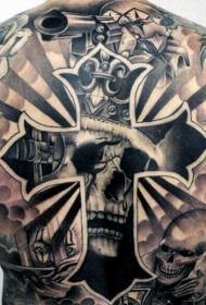 Rücken schwarz Pistole Rose Kreuz und König Schädel Tattoo Muster