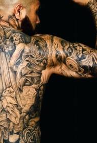 nugaros ir rankos grandiozinis juodos ir baltos statulos tatuiruotės raštas