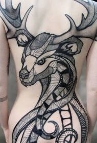 背部美麗的黑線點刺鹿與珠寶紋身圖案