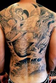 pilnas nugaros super didžiulis juodos ir baltos spalvos Azijos drakonas ir purškiamų tatuiruočių modelis