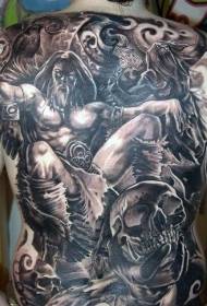 back large black gray style fantasy warrior with skull tattoo pattern