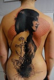 назад импресивна боја женска шема на тетоважа со разни украси