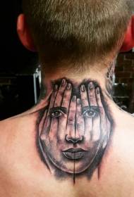 mano posteriore nera e ritratto di donna combinati con il modello del tatuaggio