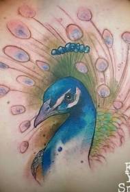 atpakaļ ļoti dabiski skaists pāvs krāsots tetovējuma raksts