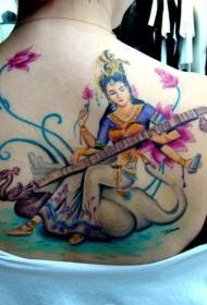 gražios spalvos nugaros indiškos moters ir muzikos instrumento tatuiruotės raštas