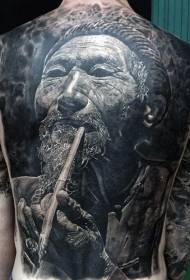 modello di tatuaggio ritratto di uomo asiatico bianco e nero incredibile schiena piena incredibile