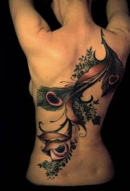 девојка натраг лепа обојена пауново перје цвет тетоважа узорак