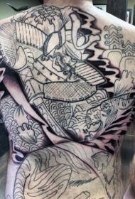 indietro Semplice guerriero che combatte la tigre e il modello del tatuaggio del crisantemo