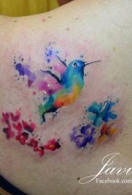 nugaros spalvos purslų kolibrio gėlių tatuiruotės modelis