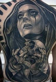 vissza hihetetlen fekete-fehér titokzatos nő koponya rózsa tetoválás mintával