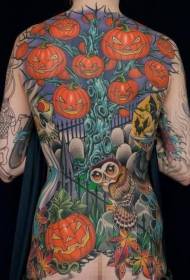 back colorful interesting pumpkin and owl tattoo pattern
