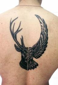 graviranje stil jelena glave i sova leđa tetovaža uzorak