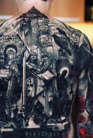 indietro incredibile modello di tatuaggio in rovina del cimitero antico nero
