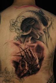 back illustration style color demon woman with horns tattoo pattern
