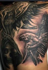 zpět obrovský černobílý tajemný anděl a lebka tetování vzor