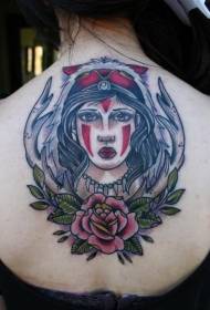 staré schoo zpět barevné kmenové ženy portrét s parohy a růže tetování vzorem