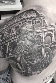schiena spettacolare gladiatore nero e antico tatuaggio romano arena