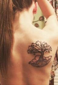 소녀 다시 검은 식물 추상 라인 생명 나무 문신 그림