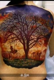 back amazing girl with big tree landscape tattoo pattern