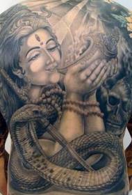Back Hindu themed black woman with skull and snake tattoo pattern