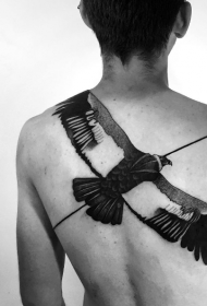 back Black and white big flying bird tattoo pattern