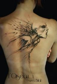 скица црни застрашујући женски модел тетоваже леђа