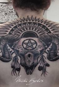 zréck schwaarzt Stil Demone Schafe Schädel a Sonnesymbol Tattoo Muster